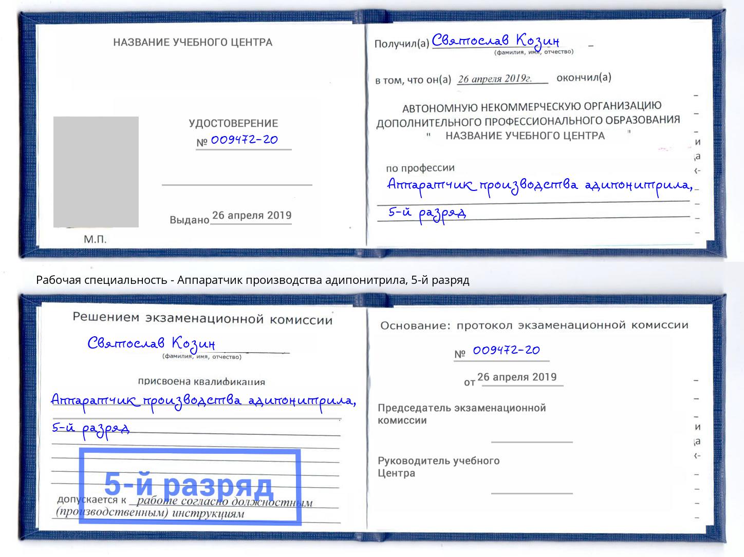 корочка 5-й разряд Аппаратчик производства адипонитрила Жигулёвск