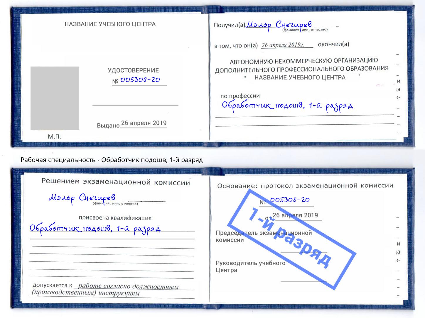 корочка 1-й разряд Обработчик подошв Жигулёвск