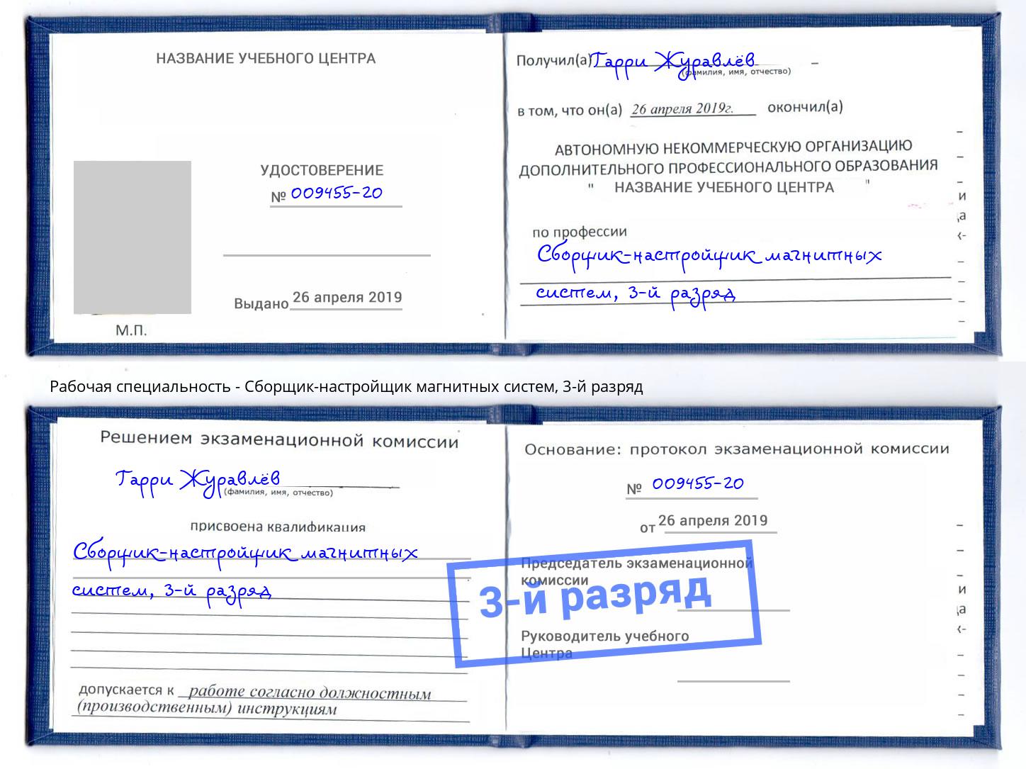 корочка 3-й разряд Сборщик-настройщик магнитных систем Жигулёвск