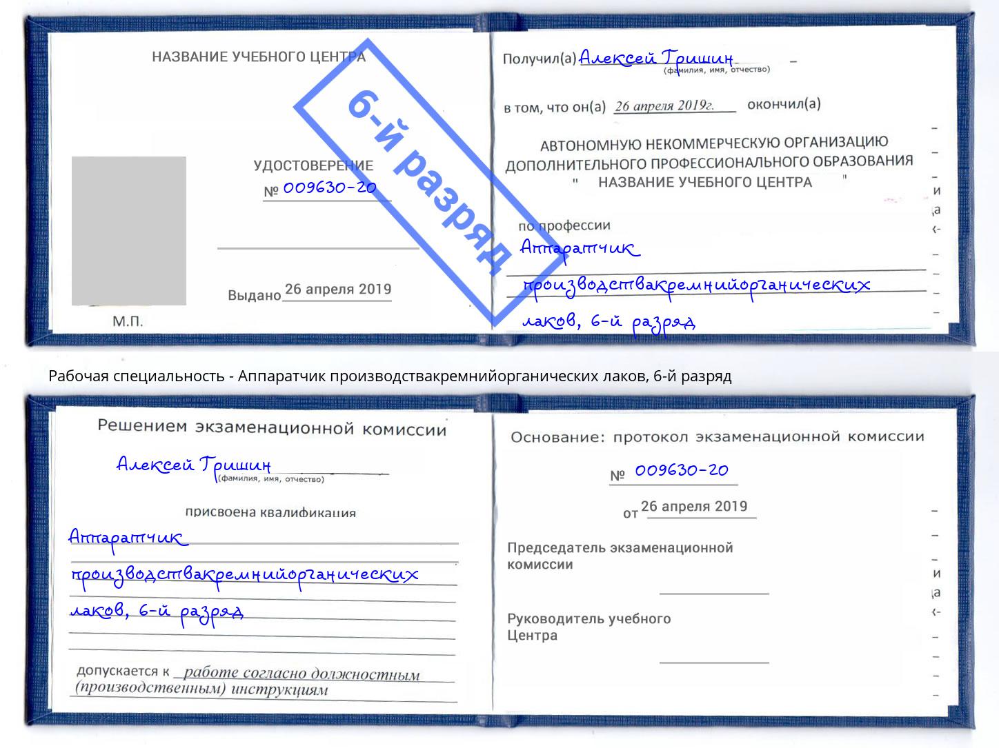 корочка 6-й разряд Аппаратчик производствакремнийорганических лаков Жигулёвск