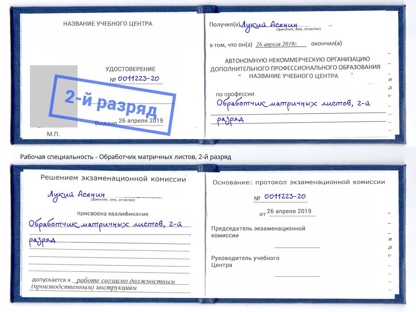 корочка 2-й разряд Обработчик матричных листов Жигулёвск
